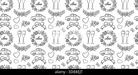 Charming black and white wedding-themed pattern featuring love symbols, floral designs, and celebrations. Stock Vector