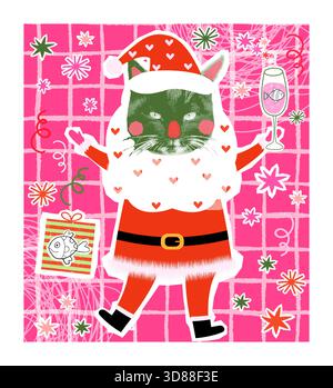 Funny vector cat with beard in Santa Claus costume holding a glass of champagne with fish , Funny kitty greeting card, poster, or banner Stock Vector