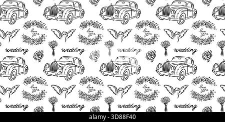 This stylish pattern showcases vintage cars, wedding elements, and beautiful floral motifs for wedding themes Stock Vector