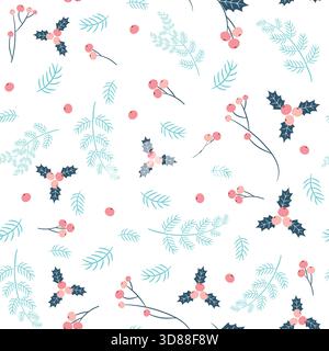 Simple and stylish vector seamless pattern with pine branches and holly in pink and blue colors for Christmas and winter designs and fabric Stock Vector