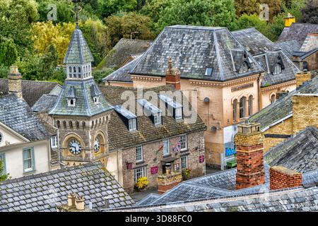 Elevated view of the  Victorian clock tower, Broad Street, Hay-on-Wye, Powys, Wales, UK Stock Photo