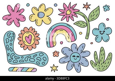 A playful collection of whimsical flowers, vibrant rainbows, and fun pastel patterns that evoke joy Stock Vector