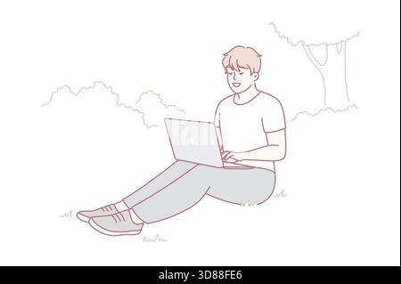 Young man sitting on grass using laptop, peaceful outdoor study scene under tree with casual outfit and sneakers, focused expression typing on screen, sunlight and shade, relaxed Stock Vector