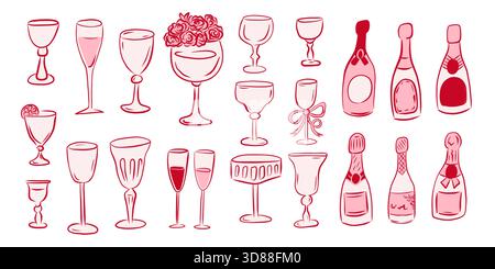 An eclectic and diverse collection of unique drinkware and premium champagne bottles for all festive occasions Stock Vector