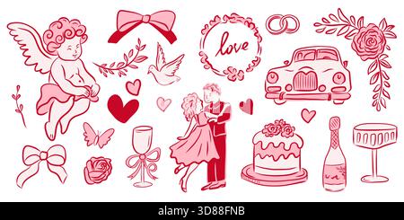 A collection of romantic wedding-themed illustrations featuring love symbols and celebration elements. Stock Vector