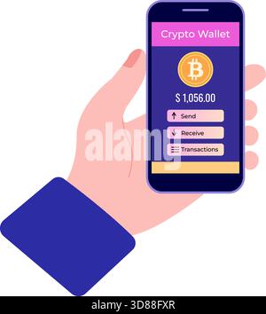An illustration of a cryptocurrency wallet application that showcases the current Bitcoin balance available Stock Vector