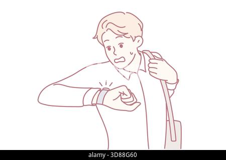 person briskly checking wristwatch amidst city traffic congestion, an individual swiftly scanning their wristwatch while navigating busy city streets during morning rush hour Stock Vector