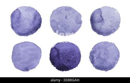 Six violet watercolor circles display a range of soft textures and shades. Stock Vector