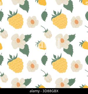 A vibrant pattern showcases raspberry yellow fruits alongside delicate flowers and leaves. This playful design adds cheerful aesthetics, perfect for f Stock Vector
