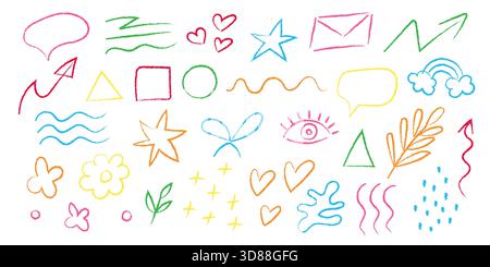 A vibrant collection of doodles featuring hearts, stars, geometric shapes, and waves, created with colorful pastel-like lines. Perfect for adding a pl Stock Vector