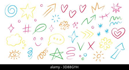 A collection of colorful charcoal doodles featuring stars, hearts, arrows, and swirls in different hues. The playful design displays creativity and ar Stock Vector