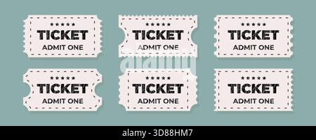 Six retro tickets feature a classic design with bold lettering, offering admission to an event. Each ticket is marked Admit One, evoking nostalgia for Stock Vector