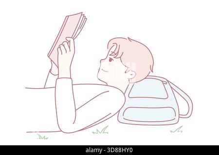 Happy guy lying on grass reading book. Smiling child enjoy literature. Knowledge and education. Vector illustration. Stock Vector