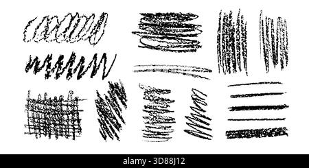 Different styles of black charcoal hatch marks are arranged on a white background, showcasing various patterns formed by charcoal. The drawing explore Stock Vector
