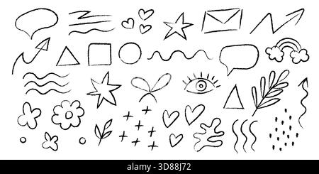 A delightful collection of whimsical handdrawn doodles and charming symbols designed for creative projects Stock Vector
