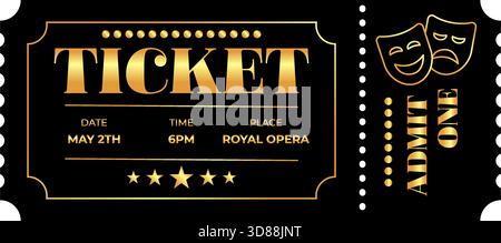 Black luxury golden ticket exclusive. Designed shiny gold ticket, ideal for enhancing event admissions, promotions, and celebrations Stock Vector