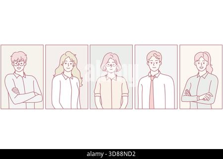 Portrait of diverse multiethnic employees or workers. Professional multiracial business group posing. Employment and recruitment. Vector illustration. Stock Vector