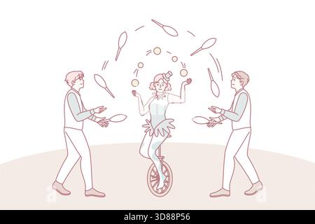 Artist juggling on circus arena. Man and woman performers make show on stage. Jugglers performance. Flat vector illustration. Stock Vector