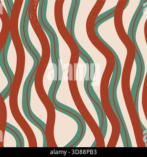 Abstract vertical wavy river lines seamless pattern in terracotta and teal colors Stock Vector