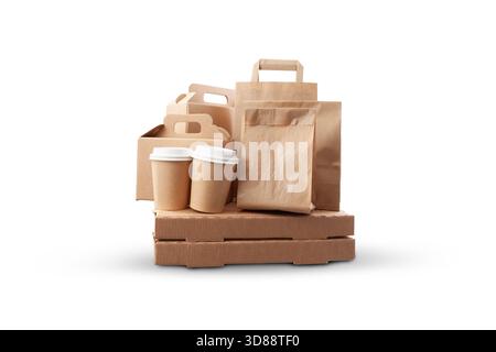 Food delivery and takeaway packages, including pizza boxes, paper cups, and paper bags, isolated on a white background. Stock Photo