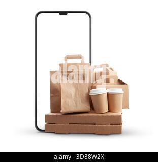Fast food delivery concept, packages and smartphone screen, including pizza boxes, paper cups, and paper bags, isolated on a white background. Online Stock Photo
