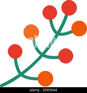 Stylized green branch with six red berries. Flat style vector illustration. Ideal for holiday decor, stickers, seasonal accents, Christmas card designs, winter nature graphics Stock Vector