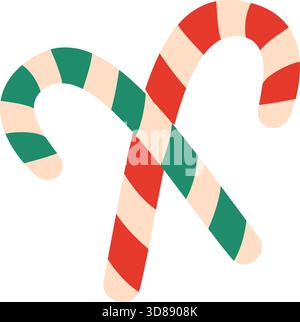 Two crossed candy canes with red, green, and pale beige diagonal stripes. Flat style vector illustration. Ideal for Christmas sweets, stickers, holiday treats, seasonal decoration, confection graphics Stock Vector