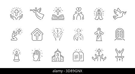 Religion and biblical outline icons set. Prayer, faith, spiritual symbols. Worship concept Stock Vector