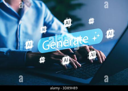Modern AI content generation concept with user interacting on laptop, surrounded by AI icons, symbolizing automated technology for efficient digital s Stock Photo