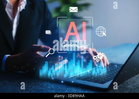 AI, Artificial intelligence generating data and insights concept, showing business person using laptop and smartphone, highlighting AI tools and analy Stock Photo