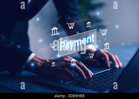 Payment. Hands typing on laptop with online transactions, e-commerce checkout, and digital banking systems. Stock Photo