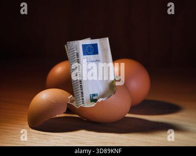 Five Euro Note in Broken Eggshell - A five Euro banknote emerging from a broken eggshell on a wooden table. Symbolizing savings, investment, and new f Stock Photo