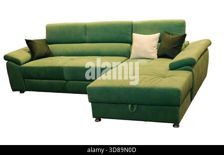 Large modern corner sofa with textile material upholstery and soft pillows isolated on white Stock Photo