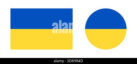 Round, rectangular Ukrainian flag icon. Flag of Ukraine circle, rectangle badge. National symbol of Ukraine.  Stock Vector