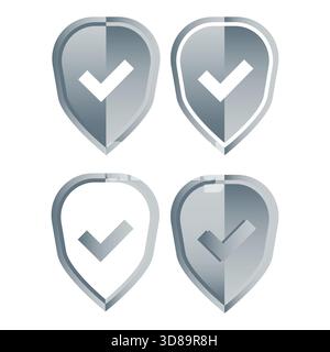 Silver shield set. Check mark icons. Security badge group. Guard symbol Vector. EPS 10. Stock Vector