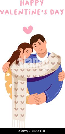 Romantic couple in love and hugging for Valentine Day with a cosy scarf Stock Vector