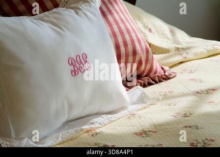 Pillows on bed with sunlight in bedroom, Pennsylvania, USA Stock Photo