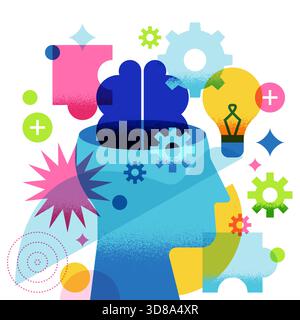 Stylized human head with brain, gear, puzzle, and bulb elements. Modern vector illustration. Concept for education, cognition, problem-solving, creati Stock Vector
