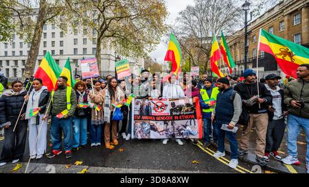 London, UK. 29th Nov, 2025. Stop Amhara Genocide in Ethiopia protest outside downing street in Whitehall, London. Credit: Guy Bell/Alamy Live News Stock Photo