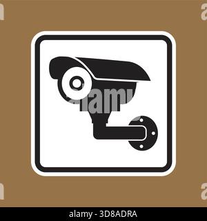 This graphic features a black and white CCTV security camera icon on a brown background, representing technology and surveillance for safety and monit Stock Vector