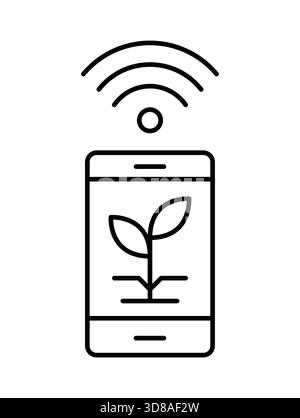 A minimalist illustration of a smartphone displaying a growing plant image, accompanied by a wireless signal icon, symbolizing the blend of technology Stock Vector