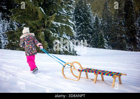 Child dressed in warm winter clothes pulling a wooden sled across snowy field with forest in background, showing active winter play and peaceful outdo Stock Photo