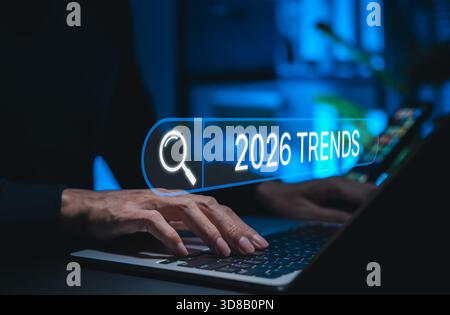 Trends 2026 year concept. Businessman using search bar with 2026 Trends text. Ideal for future technology, digital innovation, SEO marketing, market Stock Photo