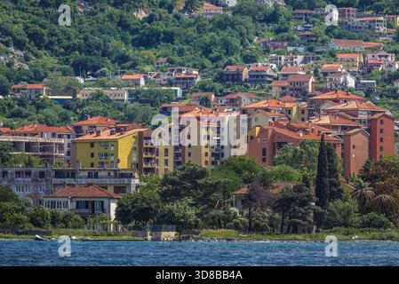 Buildings in Skaljari town, Kotor Bay on Adriatic Sea, Montenegro Stock Photo