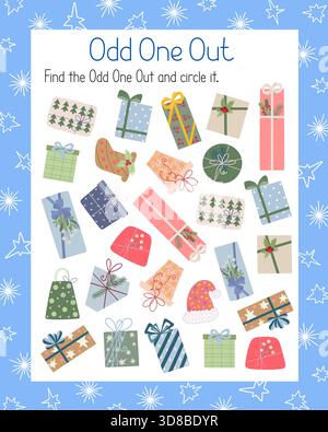Christmas holiday game Odd One Out find, circle element that differs from others hand drawn illustration, educational printable worksheet for kids, leisure activity learning concept, teacher resources Stock Vector