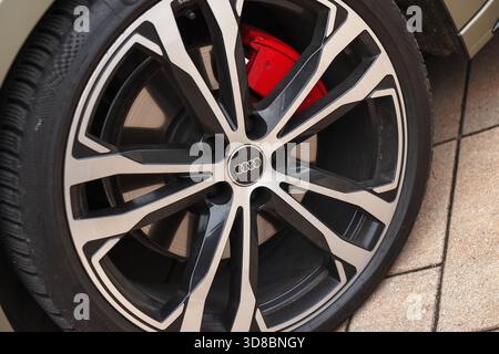 Slovenia, Ljubljana - 6 October 2025: Audi A5 wheel boasts a stylish design, sleek finish, and bright calipers. Stock Photo