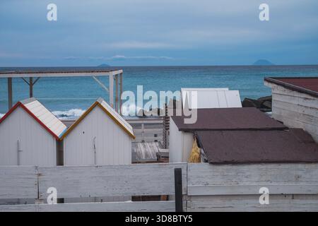 Wood construction on a Sicilian beach overlooking the Mediterranean Sea Stock Photo