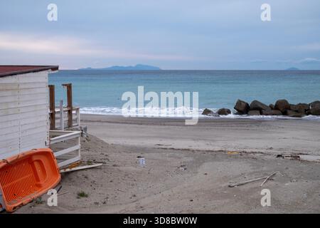 Wood construction on a Sicilian beach overlooking the Mediterranean Sea Stock Photo