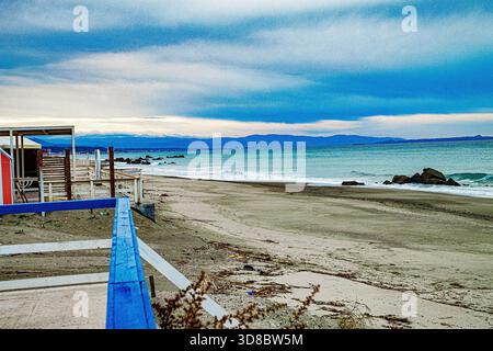 Wood construction on a Sicilian beach overlooking the Mediterranean Sea Stock Photo