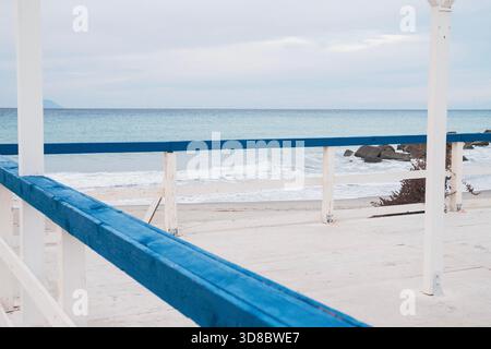 Wood construction on a Sicilian beach overlooking the Mediterranean Sea Stock Photo